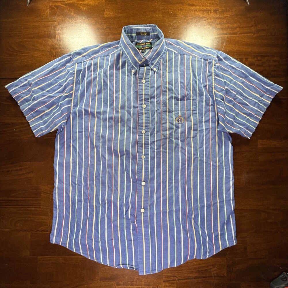 Vintage Alexander Julian COLOURS Shirt L Stripe Blue Gray Rainbow Cotton Preppy